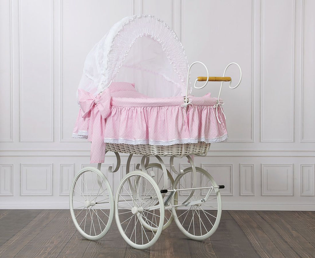 Moses Basket Wicker hood crib Retro wicker crib Christine - white + pink bedding