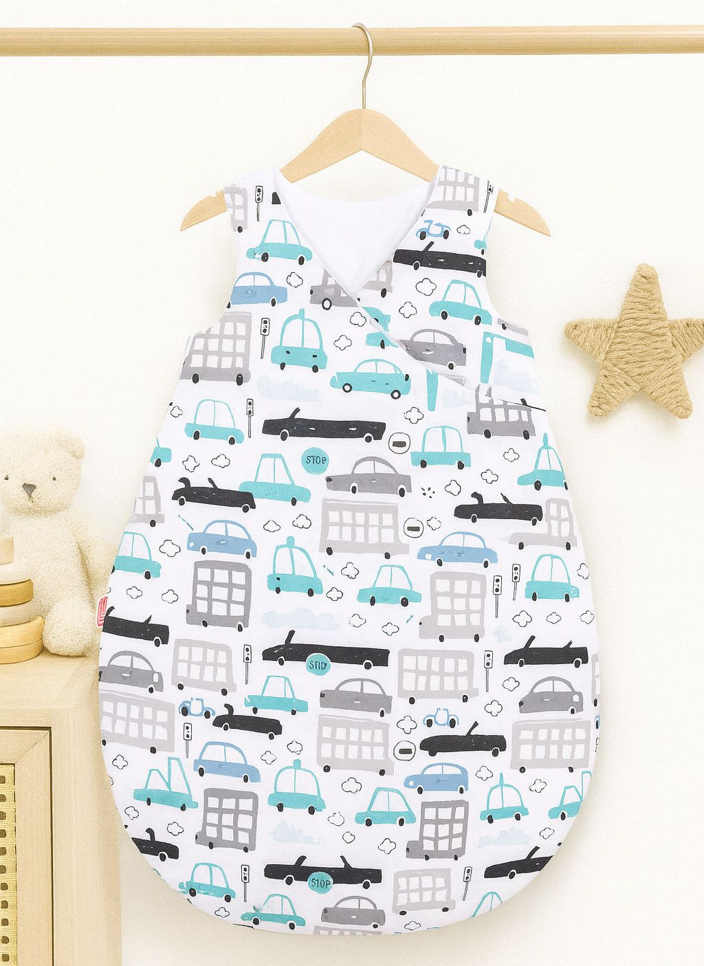 Cotton sleeping bag for children, size M, 3-12 months, TOG 2.5, all-season - gray and turquoise cars
