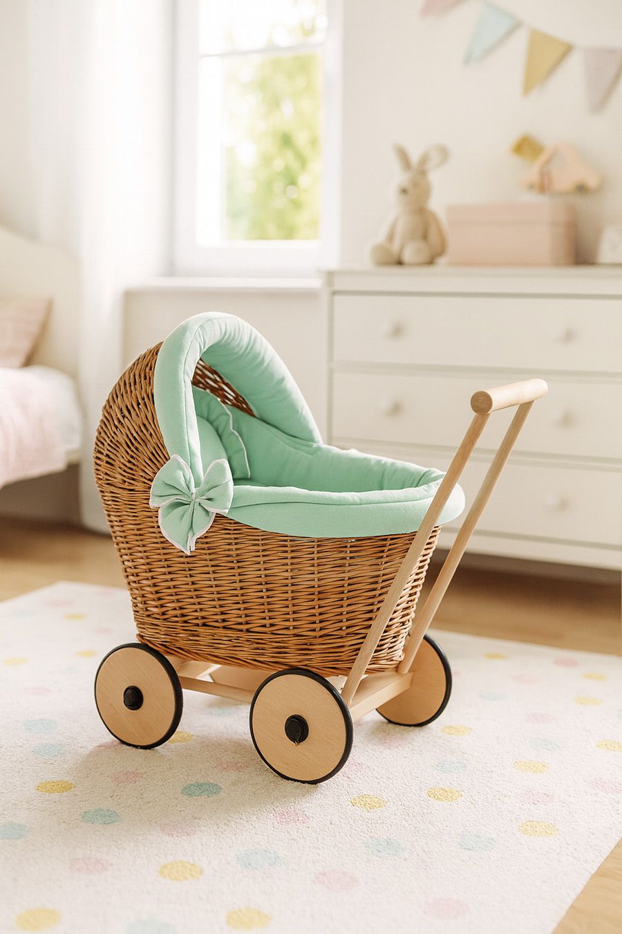 Wicker doll pushchair with mint bedding and soft padding STELLA - natural