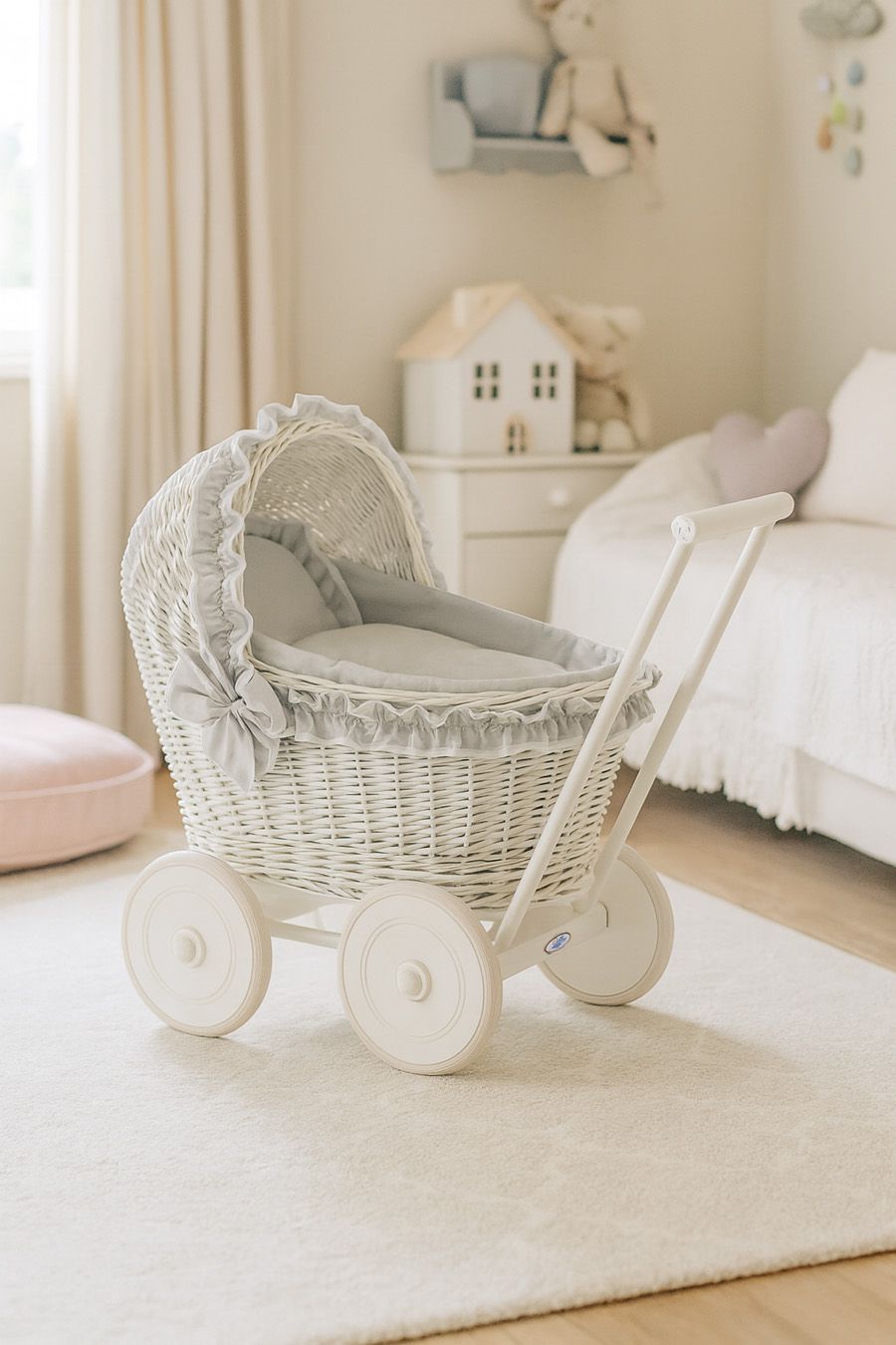 Wicker doll pushchairwhite with grey bedding and soft padding CHIARA