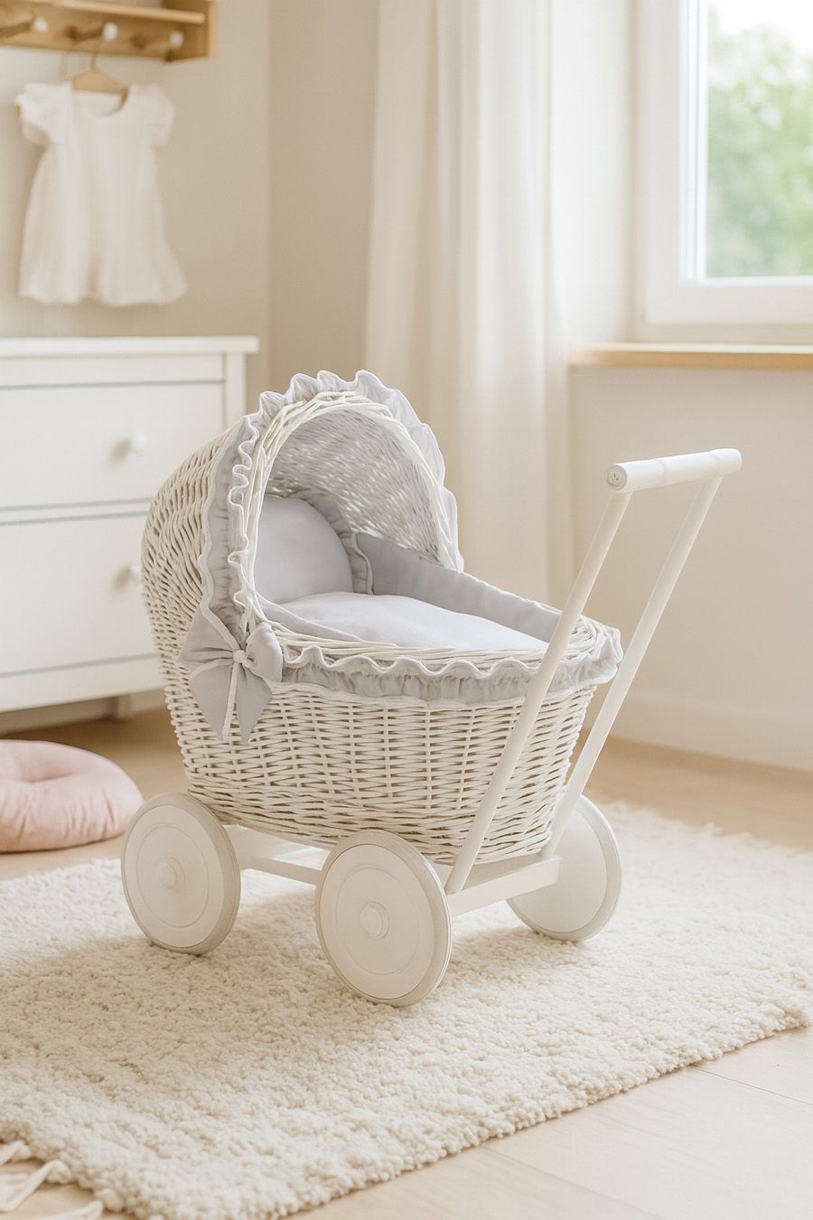 Wicker doll pushchairwhite with grey bedding and soft padding CHIARA