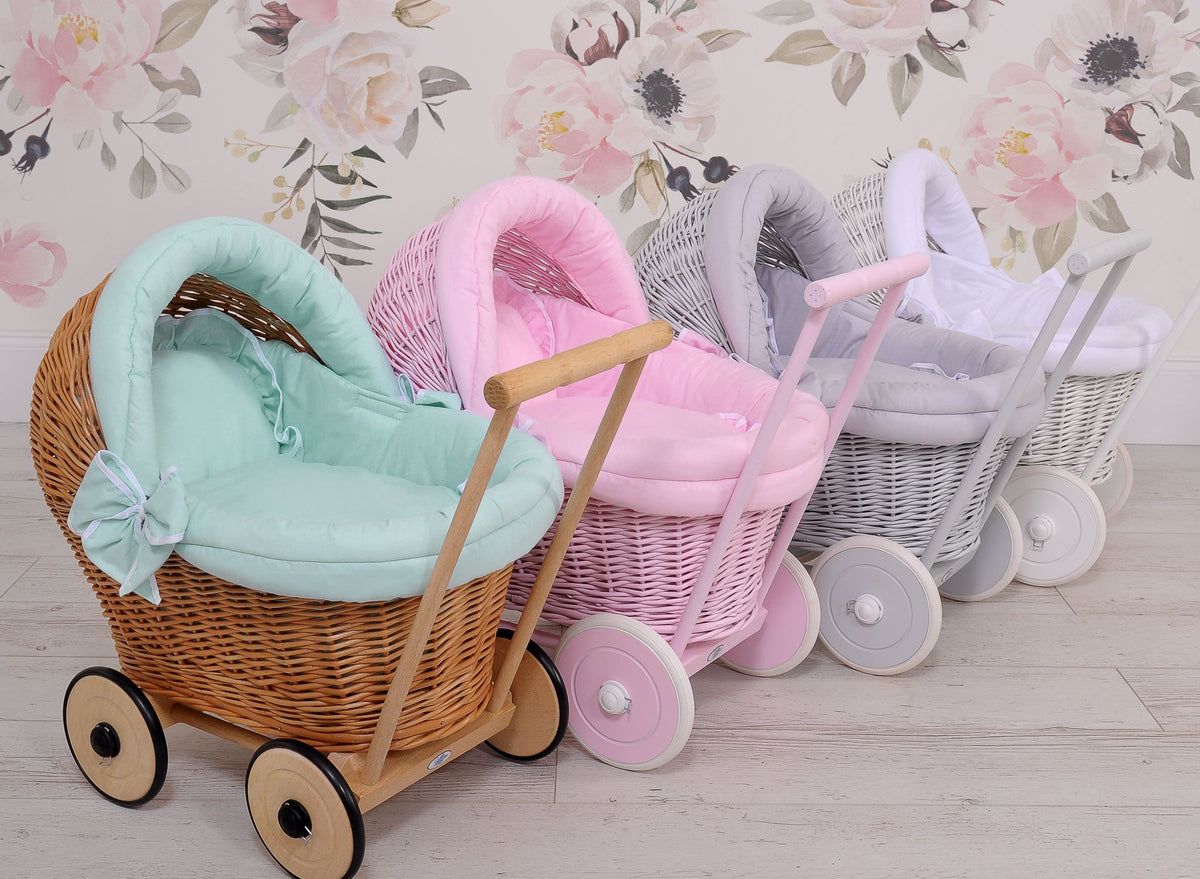 Wicker doll pushchair with mint bedding and soft padding STELLA - natural