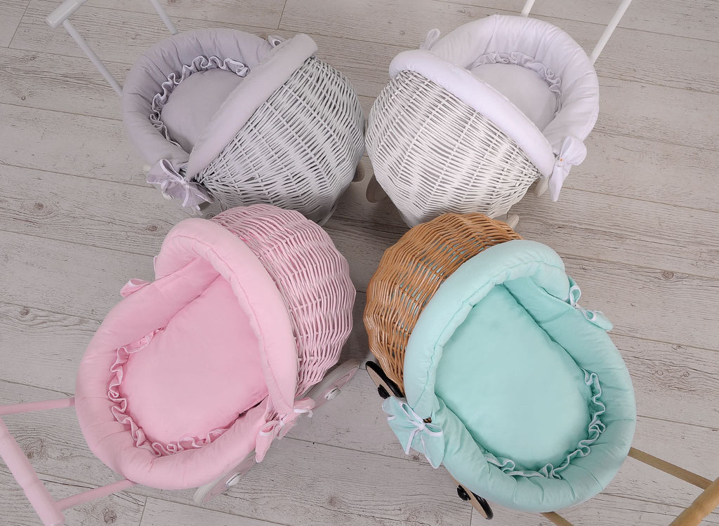 Wicker doll pushchair with mint bedding and soft padding STELLA - natural