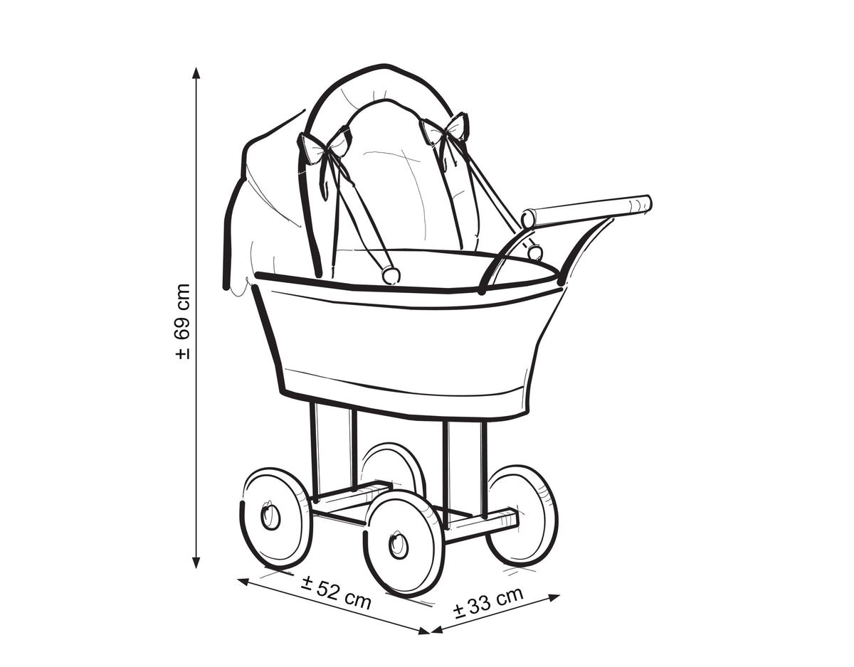Wicker dolls' pram with grey bedding and padding - white
