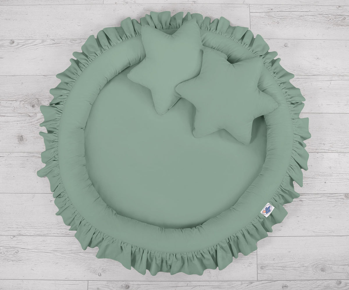 Set: Hanging baldachin for children's room cotton + nest with flounce + pillows - pastel green